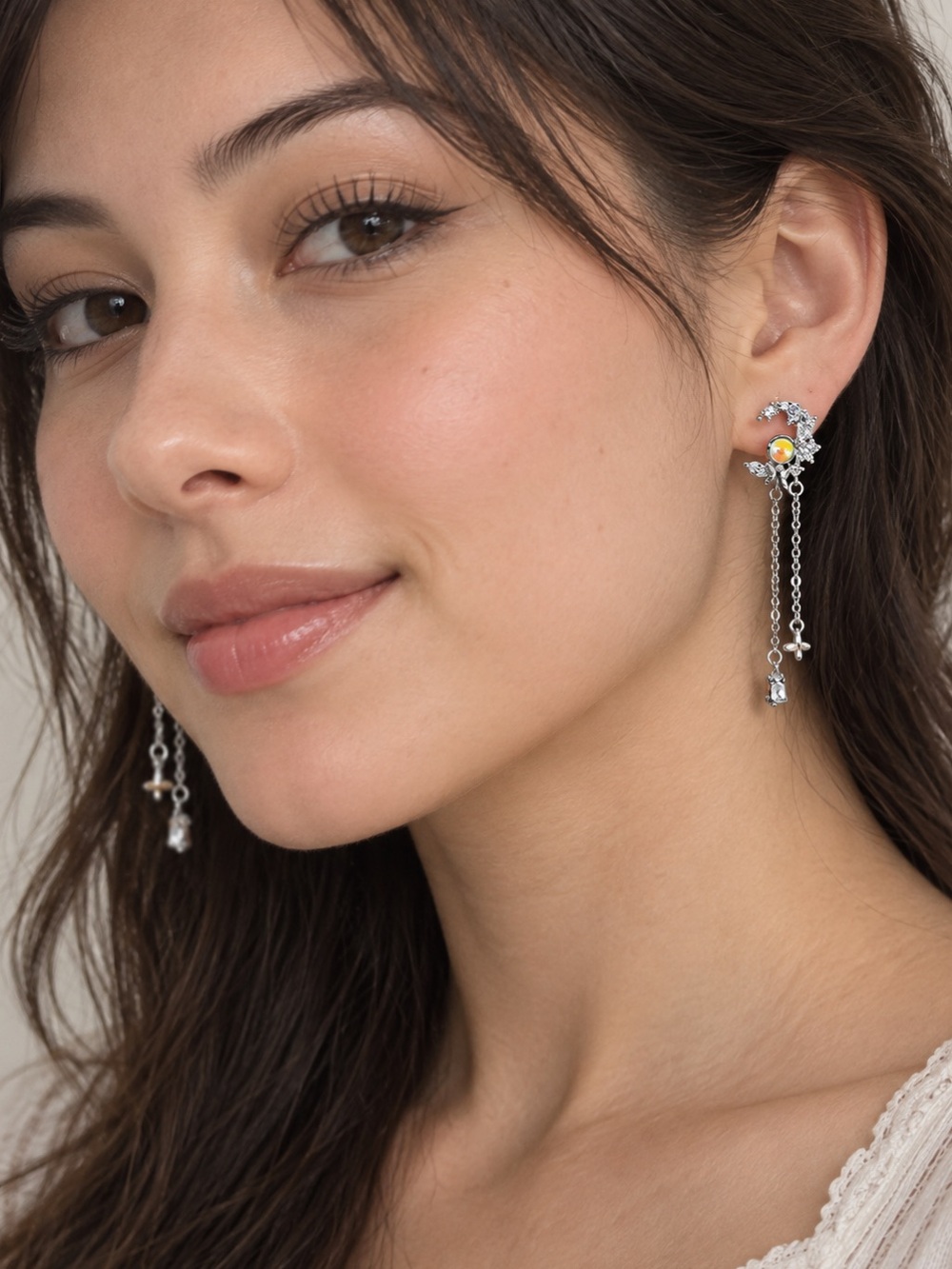 Celestial Moon Butterfly Dangle Earrings Silver Tone Opal Chain Tassel NWT